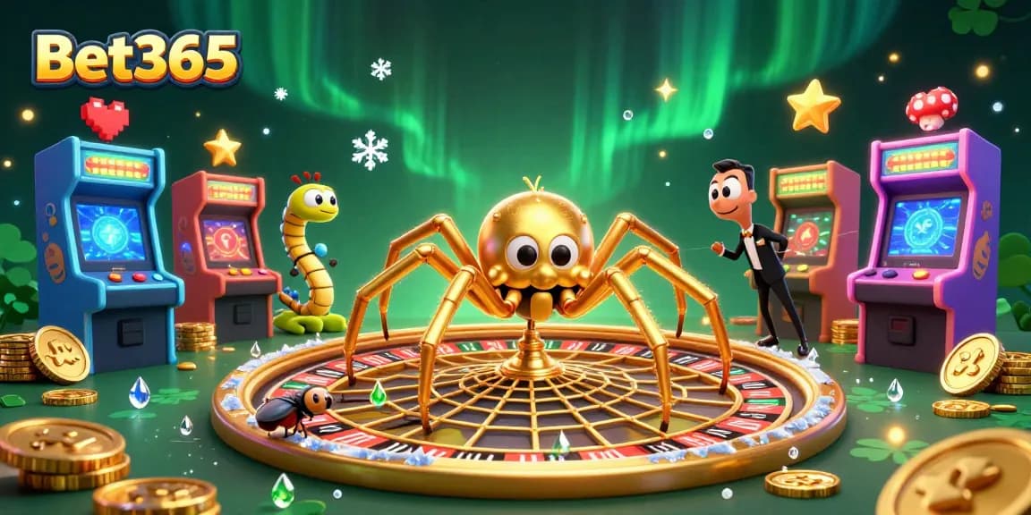 Experience the thrill with Bet365 as a spider spins a web of luck in this vibrant 3D casino scene.