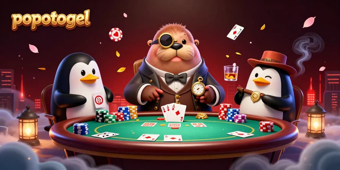 Experience popotogel action with a jolly walrus in a poker showdown at an underwater table.