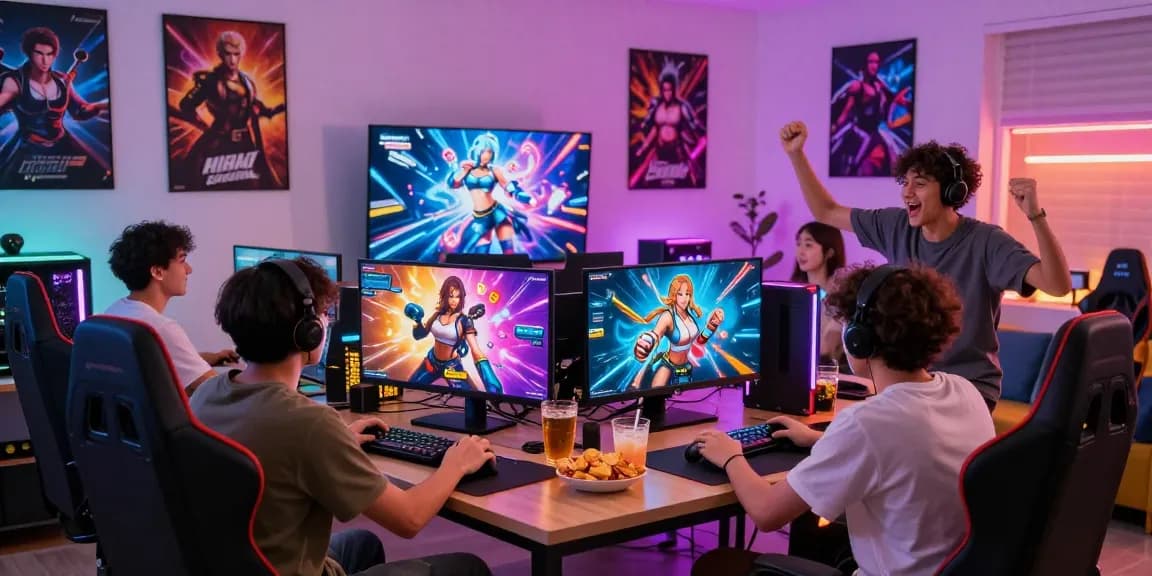 Friends enjoying hentai games together in a vibrant gaming room.