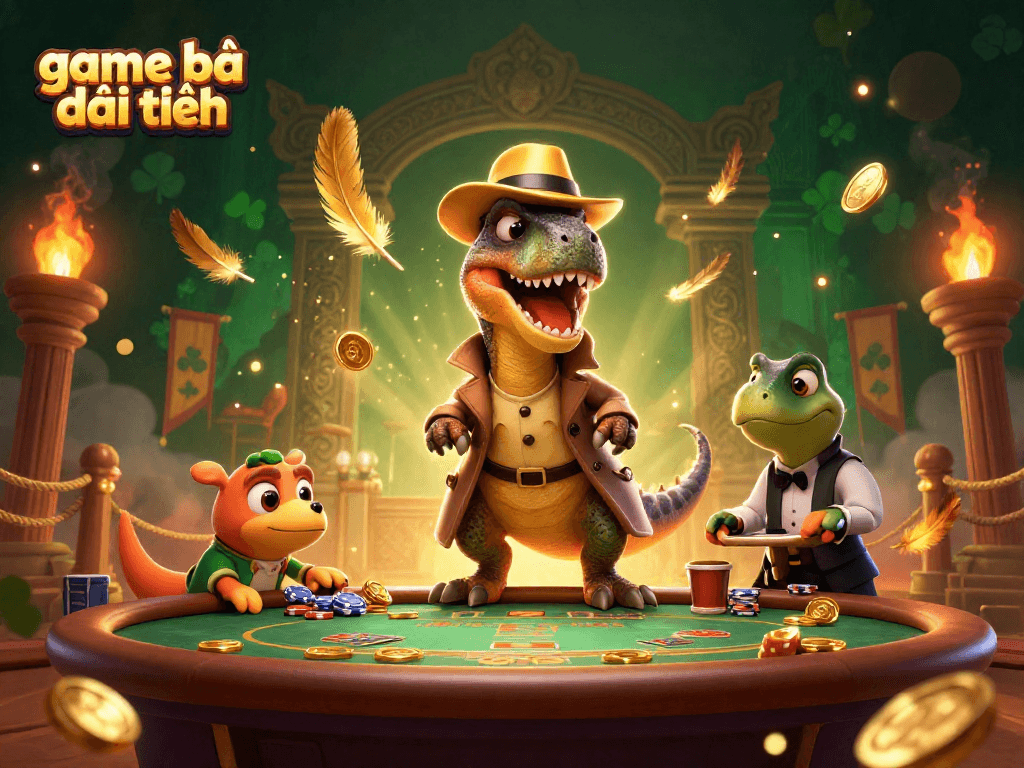 Engage in game bài đổi thưởng with a velociraptor card counter, stegosaurus pit boss, and compy pickpocket at a vibrant casino.