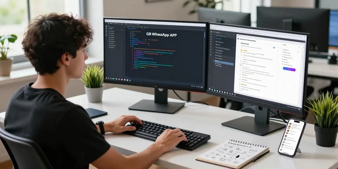 Developing GB WhatsApp APK in a modern software workspace with dual monitors and creative tools.