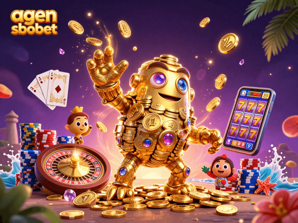 Engage with agen sbobet through an impressive 3D casino scene filled with vibrant gambling elements.