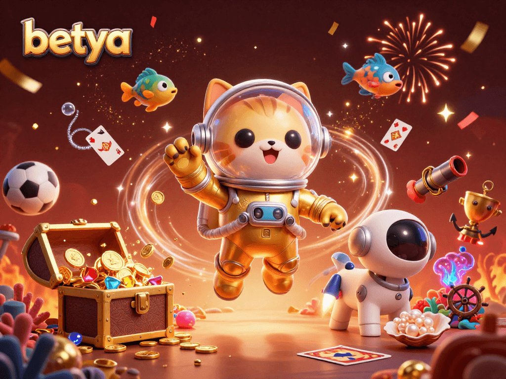 Betya offers sports betting thrills with an astronaut cat and a robotic dog in a vibrant casino scene.