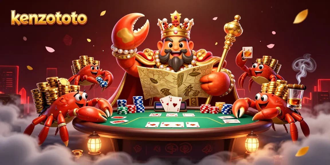 Kenzototo engages players with immersive casino excitement, featuring a golden crab emperor and vibrant poker elements.