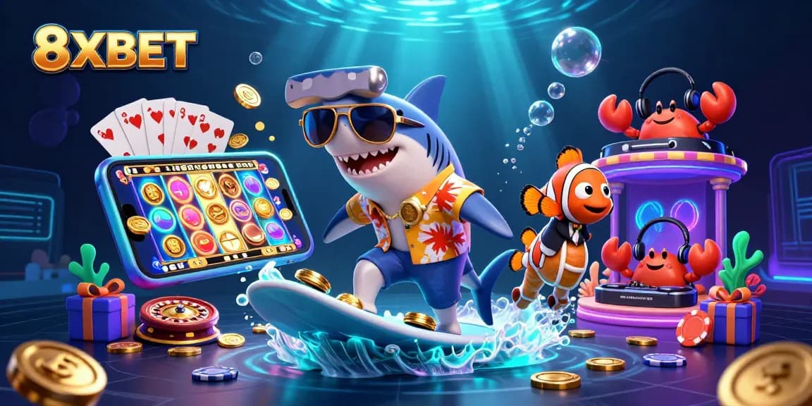 Experience thrilling gaming with 8XBET as a hammerhead shark surfs on gold coins next to a tuxedo clownfish.