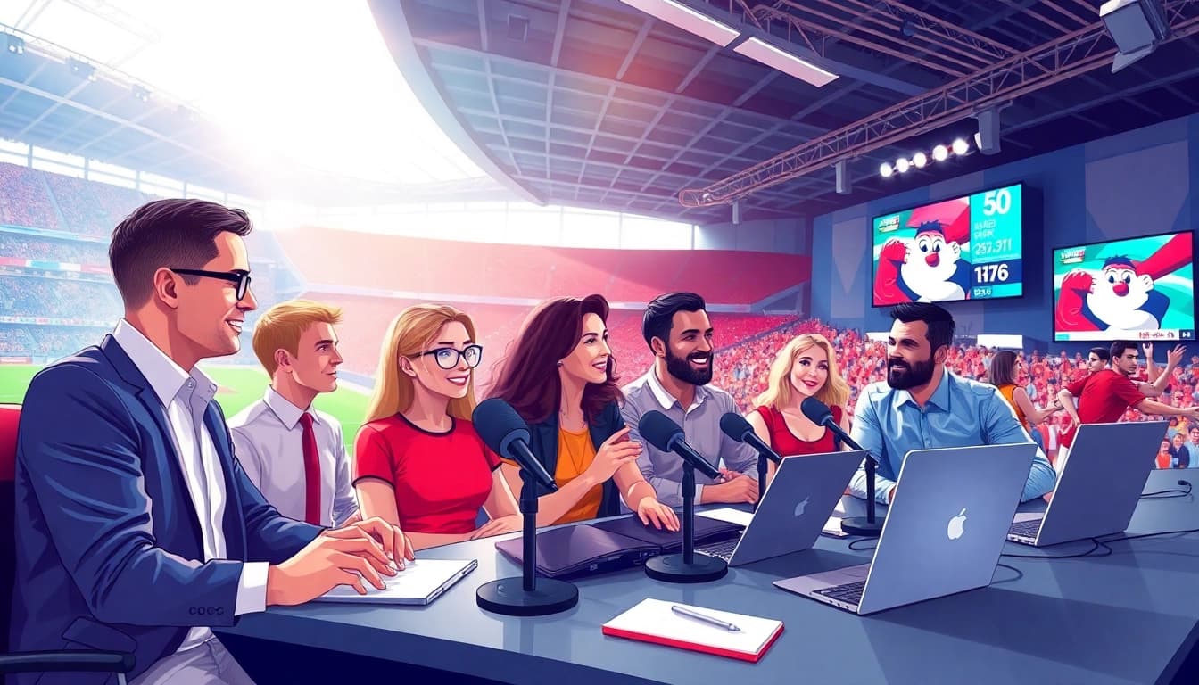 Sports Broadcasting commentators analyze live games at a vibrant stadium, highlighting engagement.