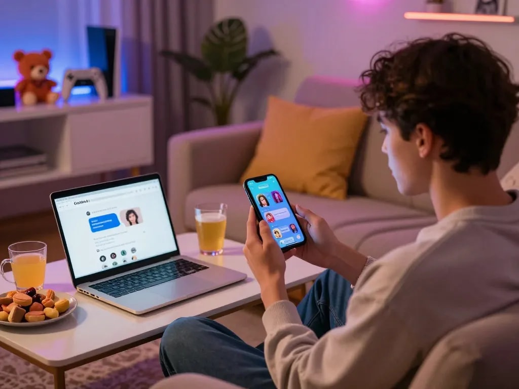 Dive into NSFW chat with engaging AI interaction in a cozy room filled with playful elements.