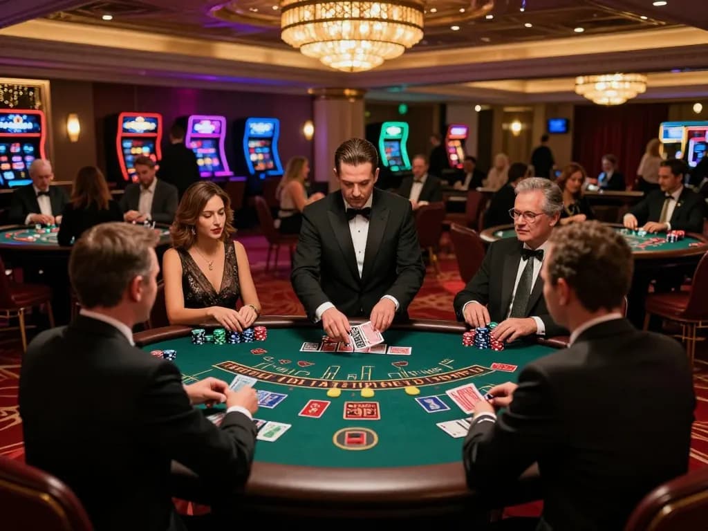 Baccarat players revealing cards at a luxury casino table, showcasing strategy and excitement in gameplay.
