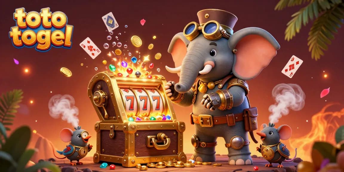 Experience thrilling toto togel gameplay with a dynamic steampunk elephant engineer and vibrant gaming elements.