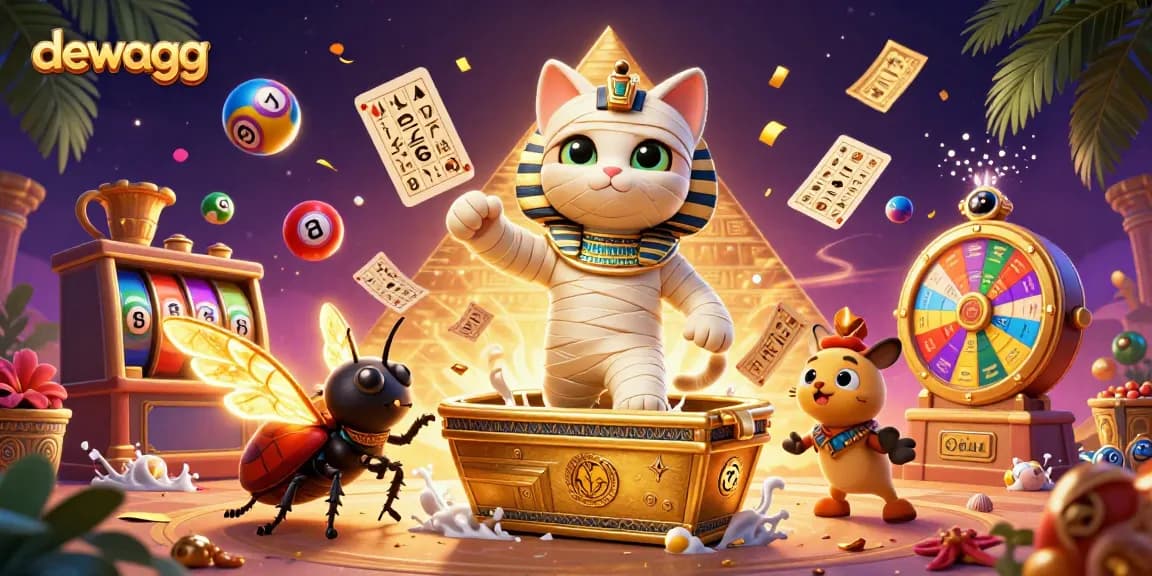 Experience exhilarating gameplay with dewagg, featuring a cartoon Egyptian mummy cat in a vibrant casino setting.