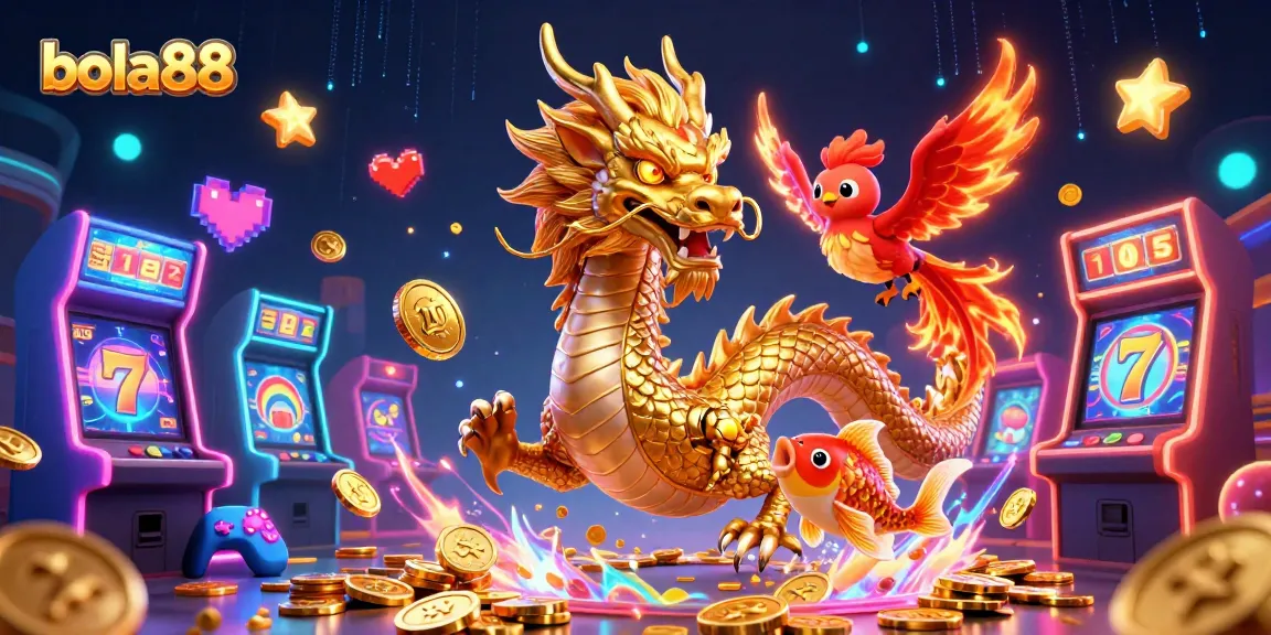 Bola88 brings thrilling gaming with a golden dragon, vibrant slot games, and dynamic action.