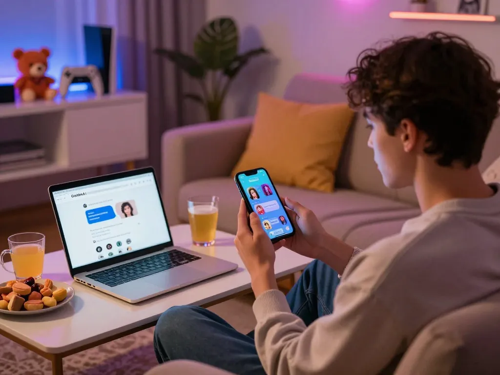 Dive into NSFW chat with engaging AI interaction in a cozy room filled with playful elements.