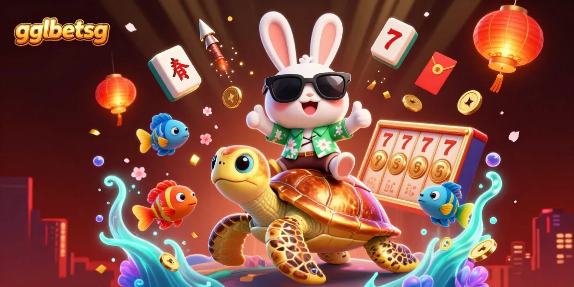 Engage with gglbetsg in a vibrant casino scene featuring a lucky rabbit and golden turtle.