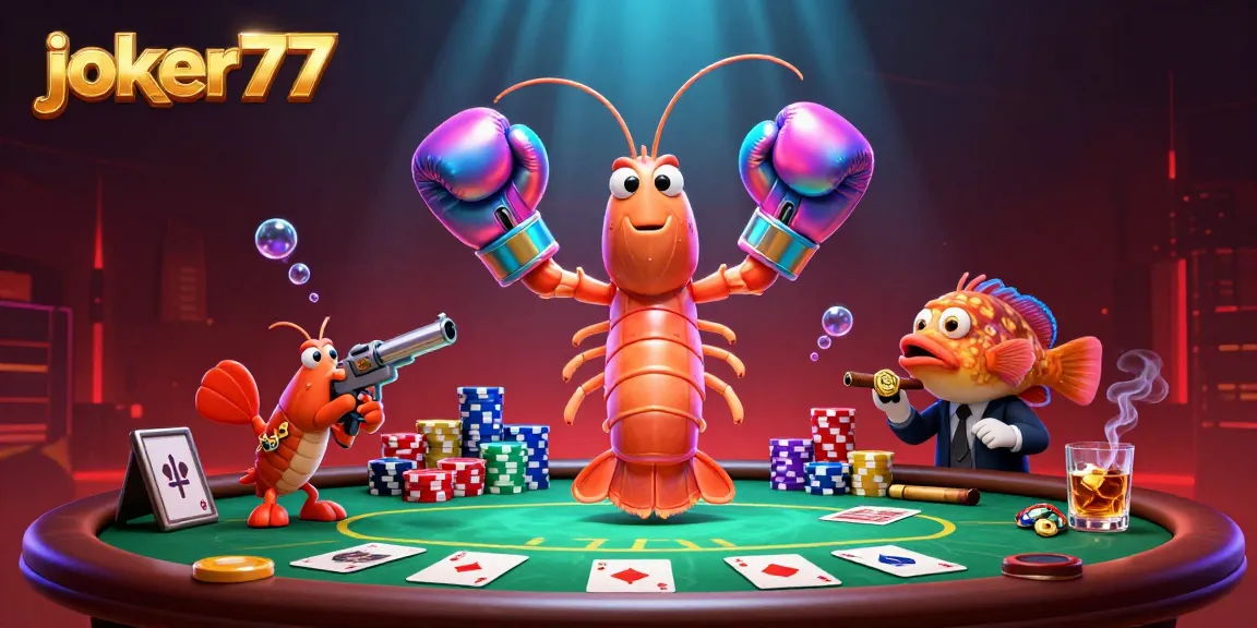 Experience joker77's vibrant casino atmosphere with an iridescent mantis shrimp and poker elements.