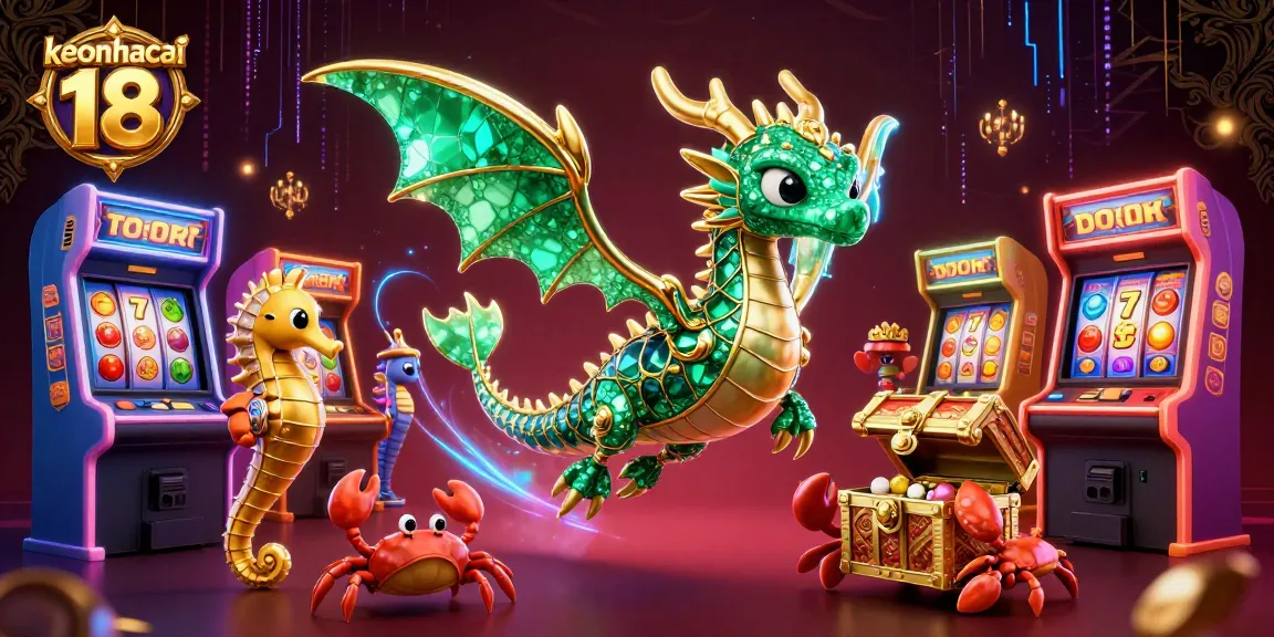 Engage with keonhacai 18 in this vibrant 3D casino scene showcasing slot reels and treasures.