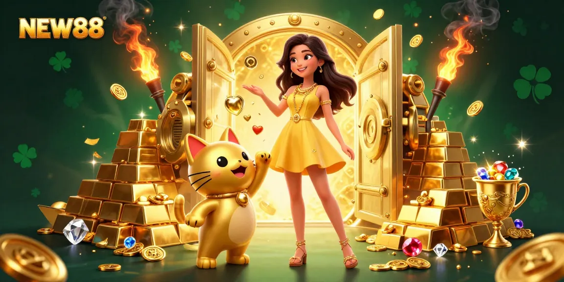 Experience the thrill of gaming at NEW88, featuring a beautiful Asian woman and a lucky cat surrounded by golden treasures and confetti.