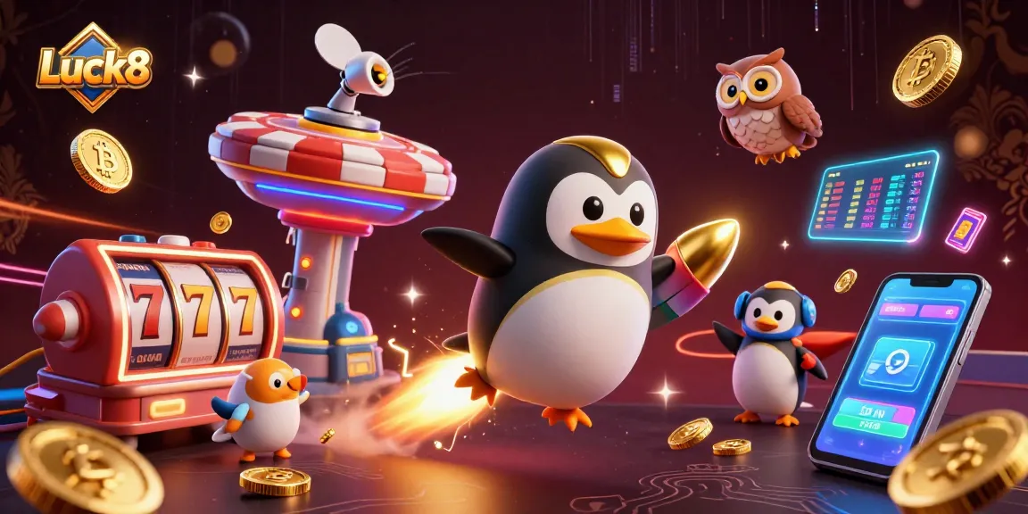 Experience Luck8's thrilling space casino with a golden penguin and jackpot reels in action.