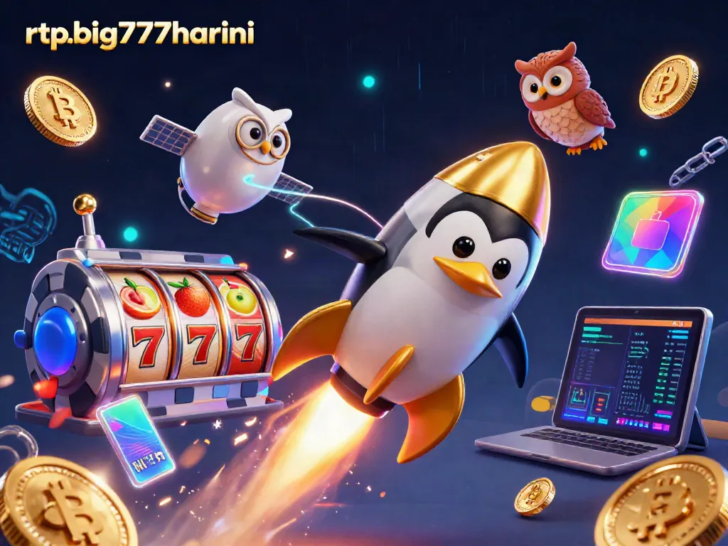 Engage with rtpbig777hariini's vibrant slot games alongside a dazzling penguin and casino-themed elements.