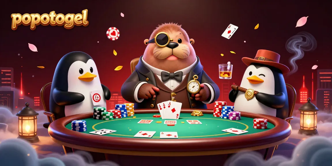 Experience popotogel action with a jolly walrus in a poker showdown at an underwater table.