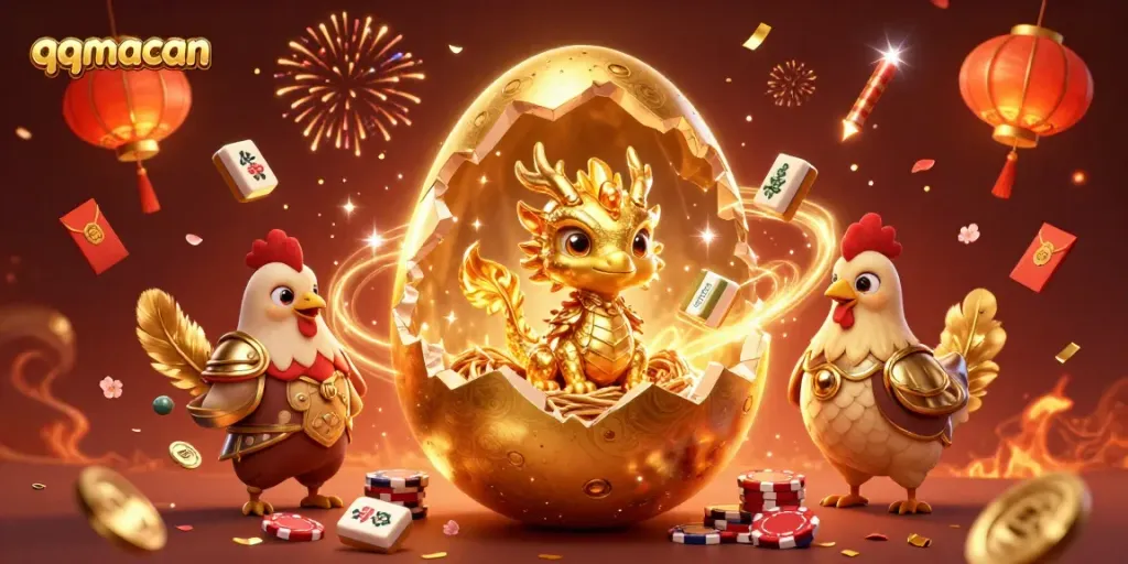 Enjoy the thrilling qqmacan experience with treasures from a golden dragon, poker chips, and festive gaming elements.