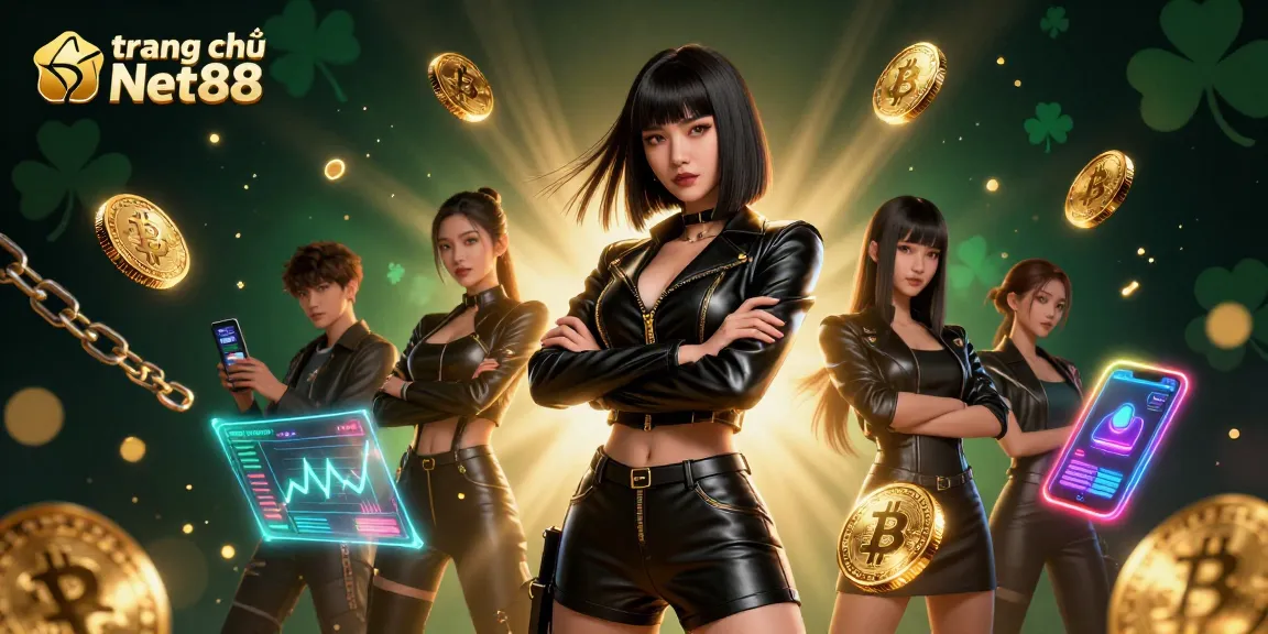Engage with trang chủ Net88's dynamic casino experience surrounded by crypto elements and high-stakes gaming action.