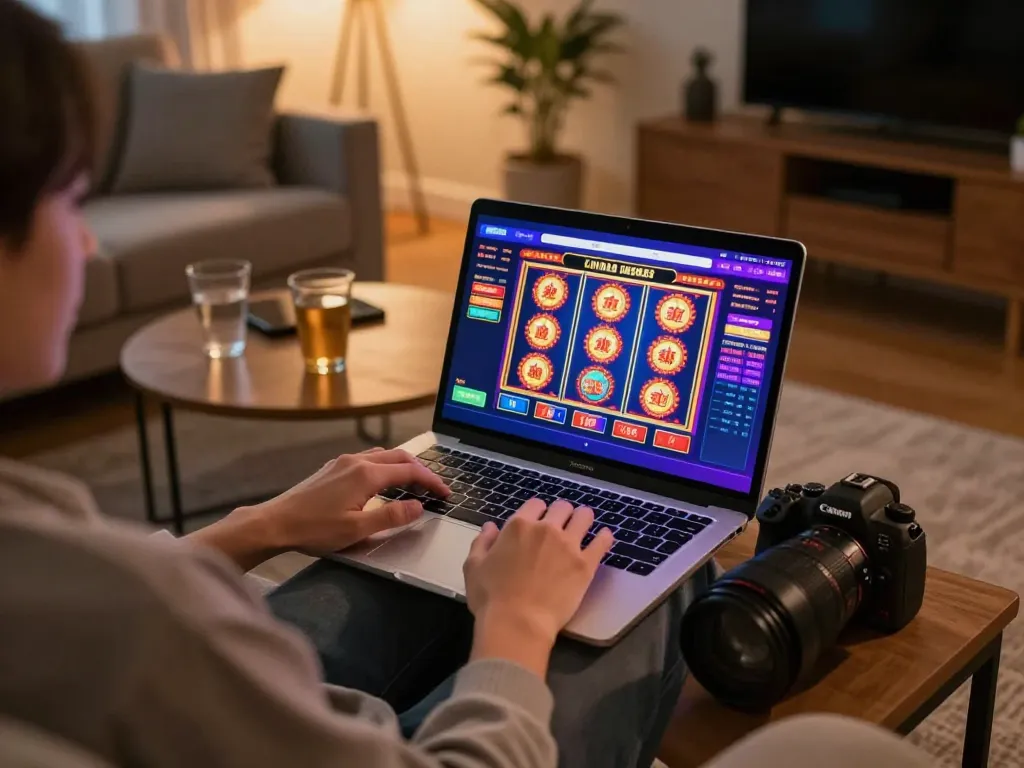 VT88 gamer enjoying online slots on a cozy home setup, showcasing a vibrant casino interface.