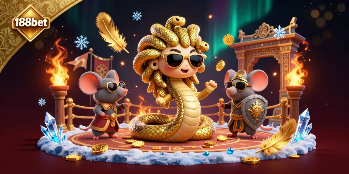 Engage with 188bet’s exciting betting atmosphere in this detailed illustration featuring a friendly Medusa and a warrior mouse.