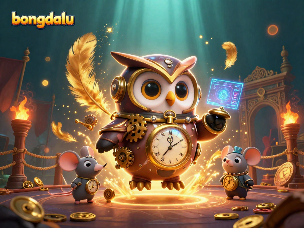 Bongdalu illustrates a vibrant casino scene with a steampunk owl amid a dynamic betting atmosphere.
