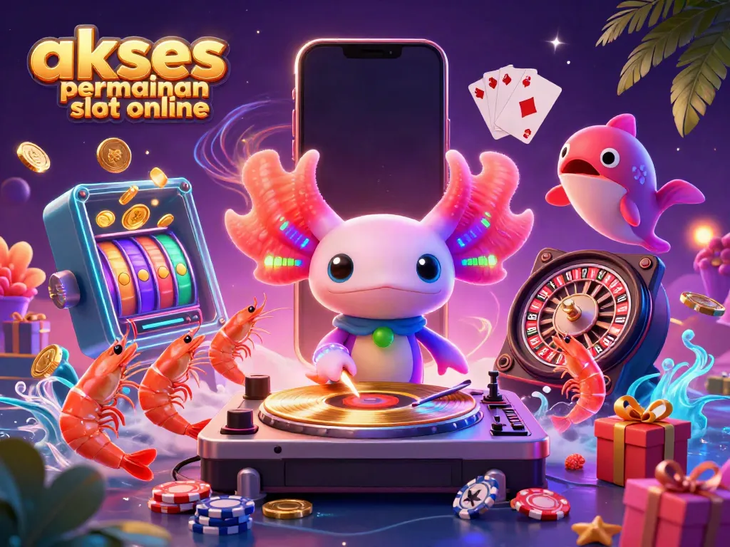 Menikmati akses permainan slot online dengan ilustrasi 3D penuh warna dan karakter ceria di bawah laut.