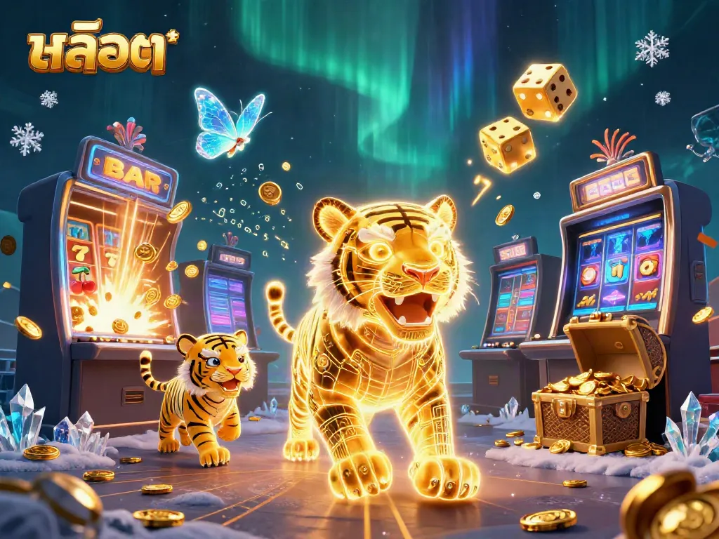 Experience thrilling สล็อตทดลอง action with a neon tiger in a vibrant casino landscape packed with rewards.