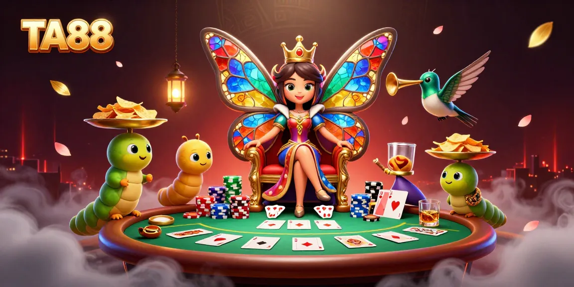 Engage with TA88 poker action in a vibrant scene with butterfly queen and chips
