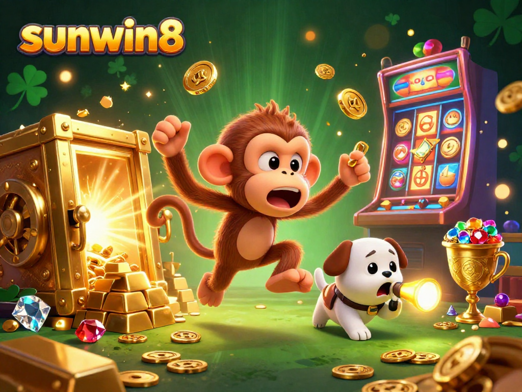 Engage in the dynamic world of sunwin8 with a playful poltergeist monkey and a curious puppy chasing exciting treasures in a casino.