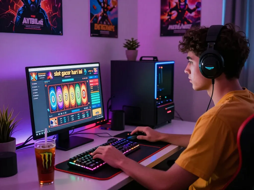 Pemain terlibat dalam sesi permainan online "slot gacor hari ini" dengan grafik berwarna-warni dan aksesori permainan.