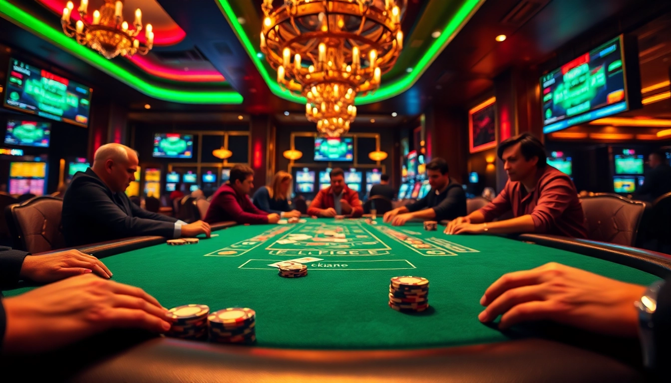 Engage in high-stakes Casino action at a luxurious poker table with vibrant surroundings.