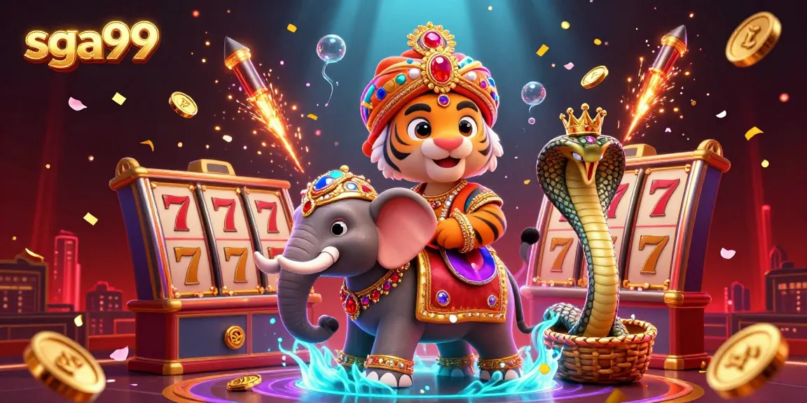 Engage with the vibrant sga99 casino scene featuring a tiger and elephant amidst dynamic slot reels.