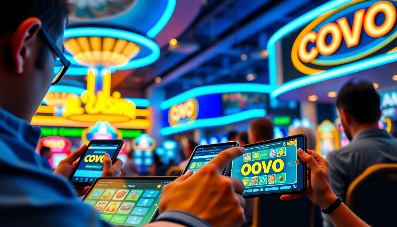 Engaging scene of players using devices for slot online deposit ovo at a casino.