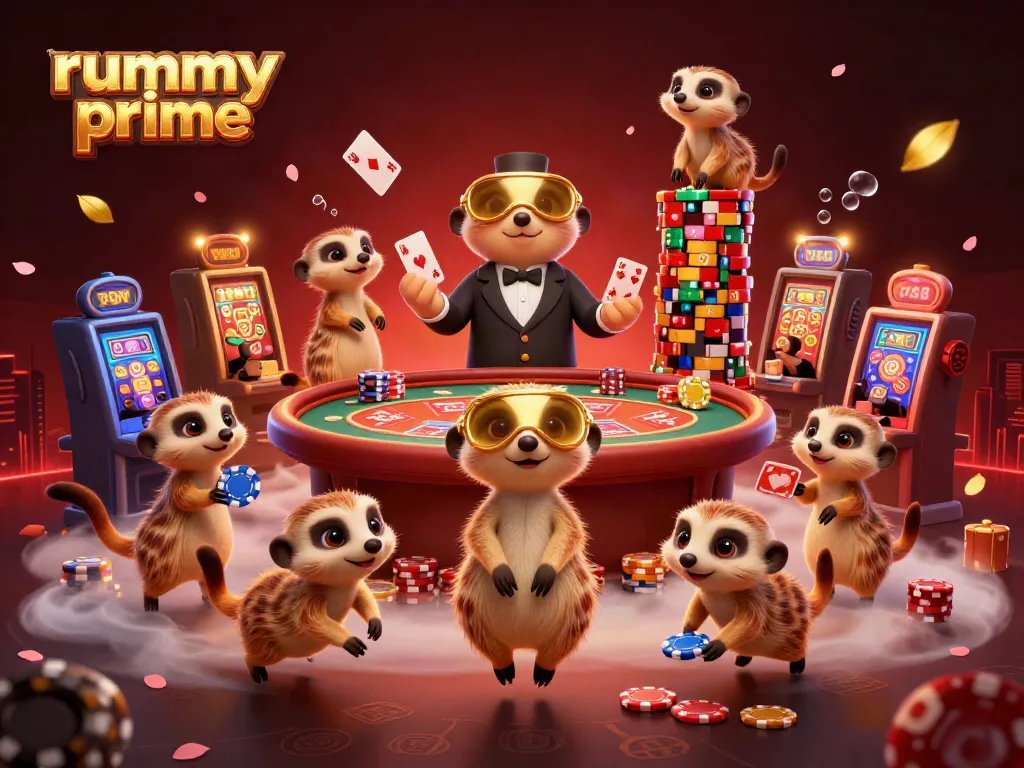 Experience the energetic rummy prime atmosphere with meerkats delighting in a lively casino scene.