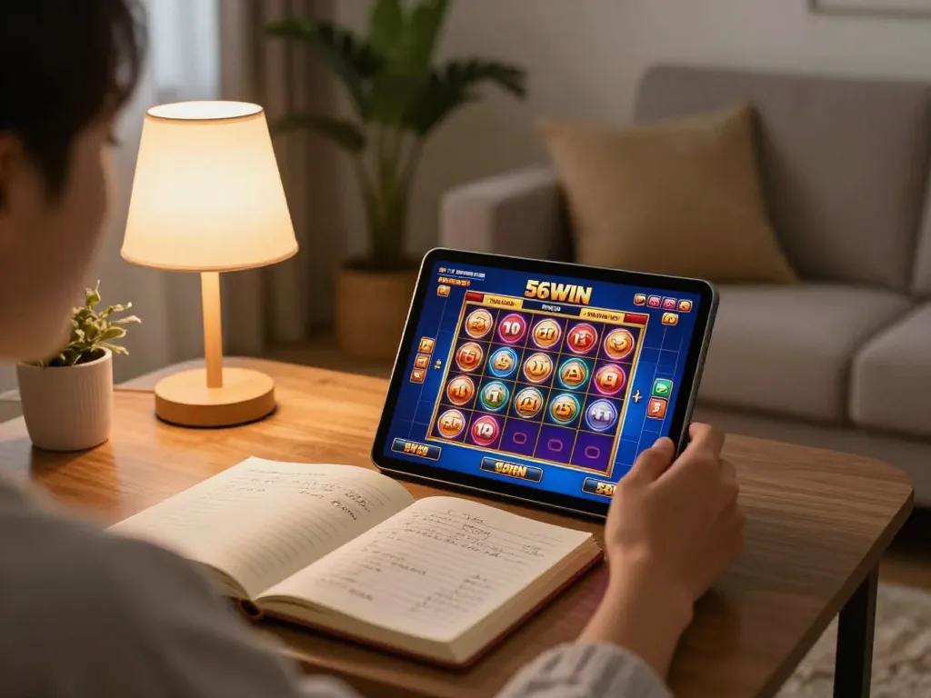 Engaging view of a player enjoying 56WIN casino games on a tablet at home, showcasing vibrant slot reels and a cozy atmosphere.