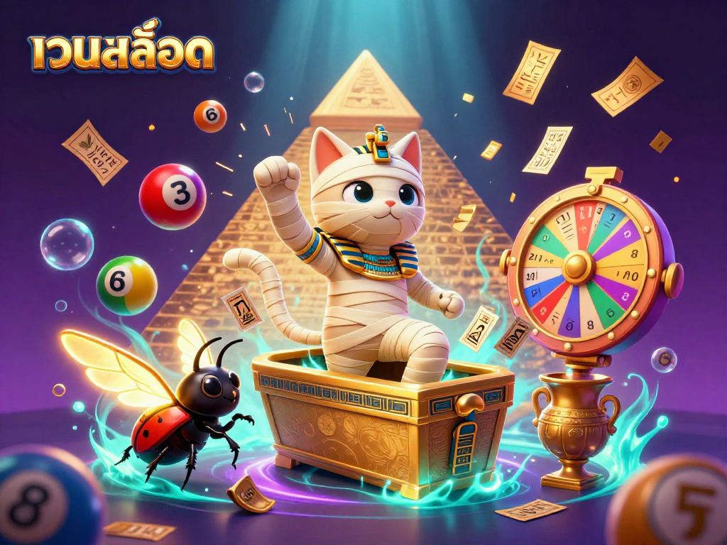 Engage in thrilling actions at เว็บสล็อต with dynamic scenes of a mummy cat and vibrant casino elements.