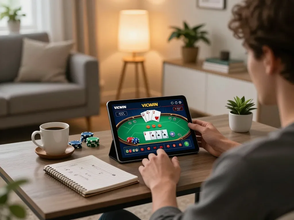 Experience thrilling games on VICWIN at home, enjoying poker with strategic planning in a cozy atmosphere.
