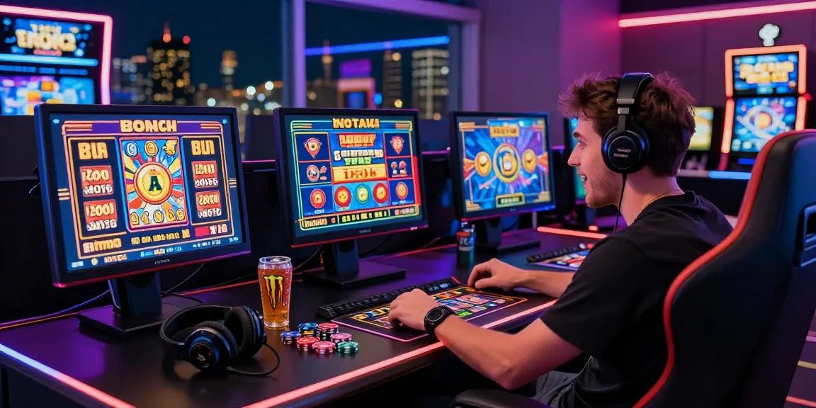Player enjoying bonus buy slots at home, vibrant screens showcasing exciting features, modern gaming setup with energy drinks.