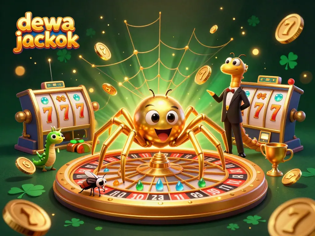 Permainan slot dewa jackpot yang menggembirakan dengan laba-laba emas dan centipede croupier dalam suasana kasino.