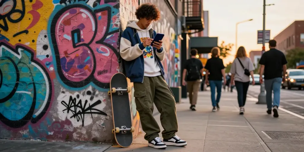 Streetwear influencer showcasing akunjp fashion trends against urban backdrop