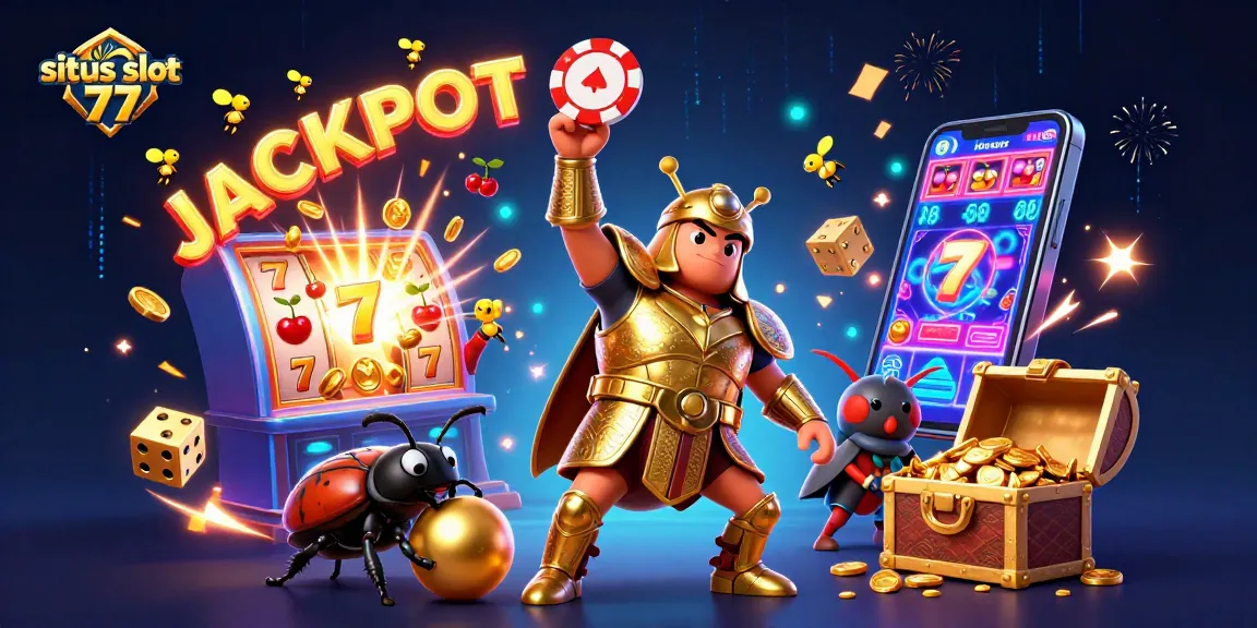 Experience the thrill of situs slot 77 with a dynamic illustration featuring a victorious beetle character amidst a jackpot explosion of vibrant casino elements.