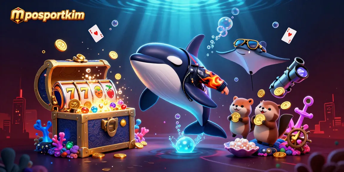 Engage with mposportkim's thrilling slot reels and lively ocean characters within a dynamic underwater scene.