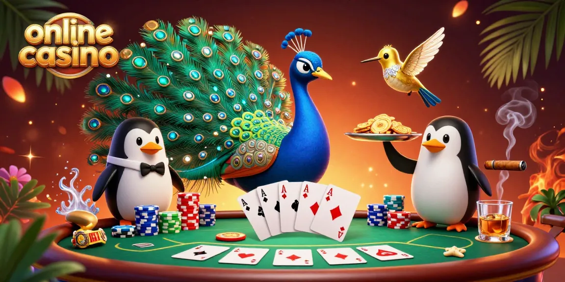 Engage with online casinos through this vibrant 3D illustration showcasing a peacock, penguin, and hummingbird amidst poker games.