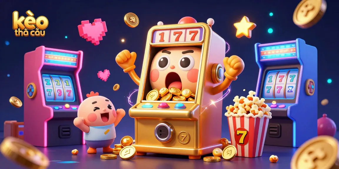 Engage with kèo nhà cái through a vibrant scene featuring a golden slot machine celebrating a jackpot, surrounded by arcade elements.