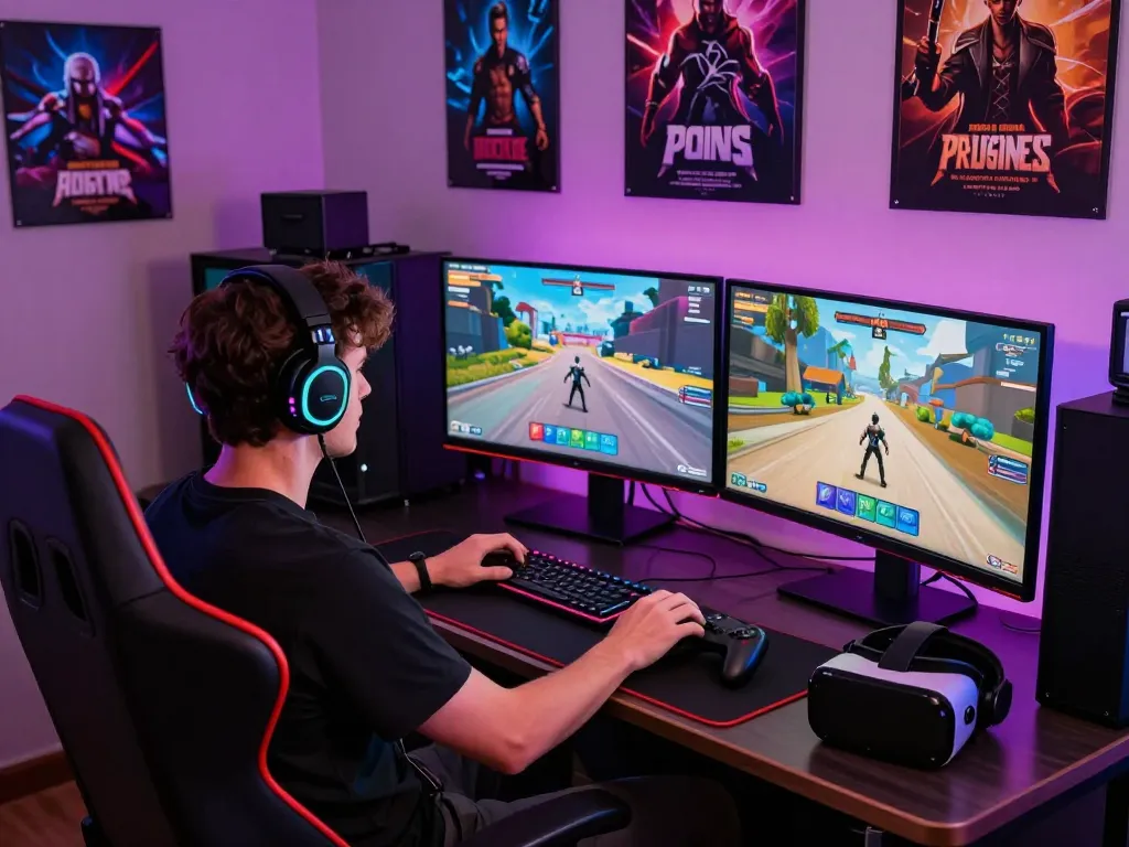 Engaging scene of an adult playing a porngame on multiple screens, surrounded by immersive gaming setup and vibrant atmosphere.