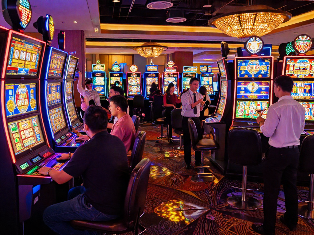 Excited players winning at slot machines in a vibrant casino setting