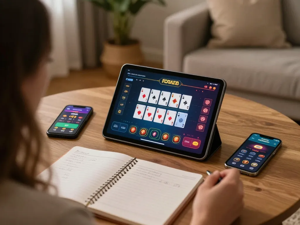 Playing virtual poker on Fun88 com platform, showcasing strategic gameplay interaction in a cozy home setting.
